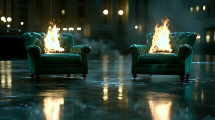 Two burning chairs create a unique visual experience