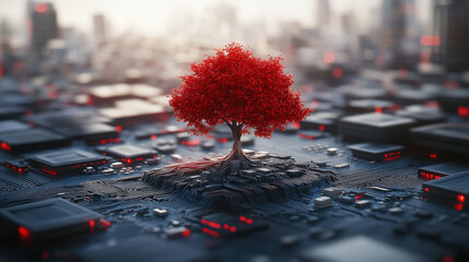 A digital red tree with pixelated leaves emerging from a circuit board, symbolizing the fusion of nature and technology in a futuristic environment.
