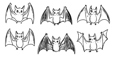 Set of cute hand-drawn bats in line art vector style, each designed with simple lines and quirky expressions, perfect for Halloween-themed illustrations or whimsical designs.