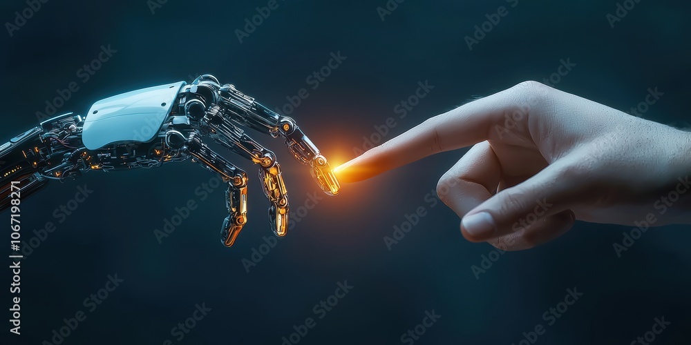 Poster human hand touching a digital robot with a glowing finger.ai, machine learning,artificial intelligen