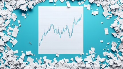 Dynamic Stock Market Rise Illustrated with Abstract Paper Shreds and Bold Graph on Turquoise Base. Stock Market Fail Concept