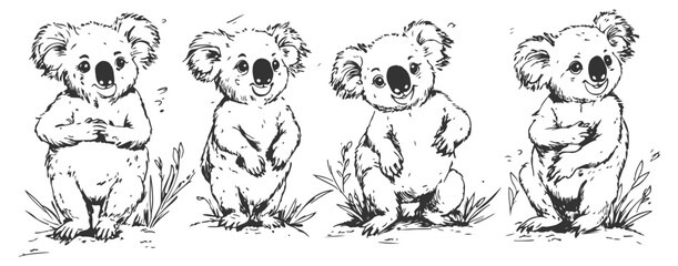 Fototapeta premium Set of delightful hand-drawn koalas in line art vector style, featuring various poses and expressions. Ideal for wildlife, Australian animal, and nature-themed designs.