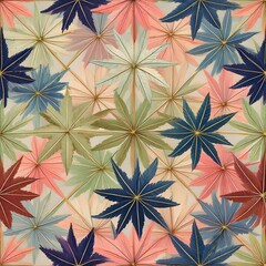 seamless pattern with leaves, seamless pattern Asanoha, pastel colors japanese kimono style; A six-pointed star resembling