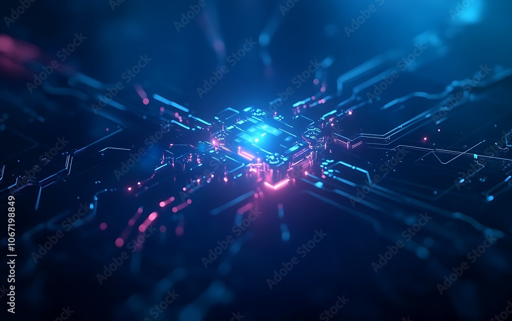Aufkleber A vibrant, digital representation of a microchip embedded in a network of colorful circuits, symbolizing advanced technology and connection.