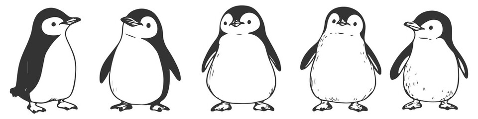 Set of sweet hand-drawn penguins in line art style, featuring a chick in vector form. The charming and minimalistic design emphasizes the playful nature of these birds, perfect for creative uses.