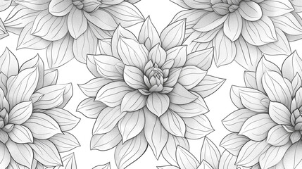 A black and white drawing of a flower with a white background. The flower is a dahlias and it is surrounded by other dahlias. 