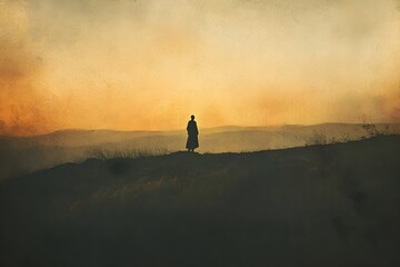 Fototapeta premium Lone Silhouette on Hilltop at Moody Twilight with Atmospheric Haze and Painterly Brushstrokes