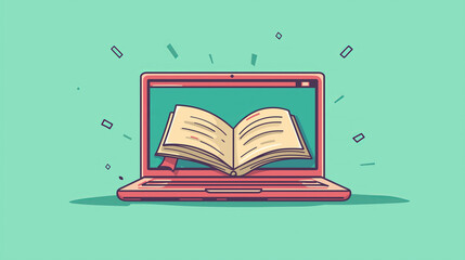 Open book displayed on laptop screen in vibrant cartoon style, symbolizing digital learning and online education for International Day of Education, highlighting virtual knowledge, e-learning resource