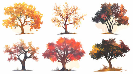 Six watercolor illustrations of trees in various shades of fall foliage.