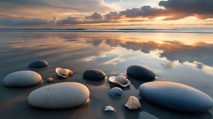 Smooth stones and seashells on a beach at sunset.