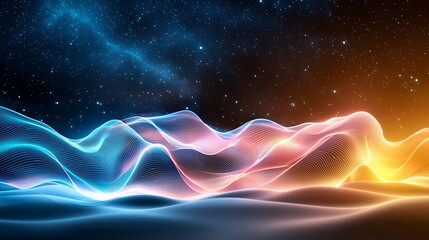 Fototapeta premium Colorful neon blue and pink lines swirl and intertwine against a dark, starry sky, creating a mesmerizing and futuristic digital technology inspired abstract background