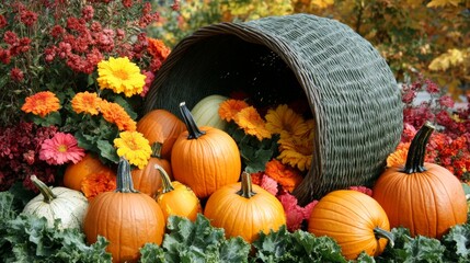A cornucopia of pumpkins, gourds, and vibrant flowers set against autumn foliage. A warm and festive display for harvest or Thanksgiving themes.