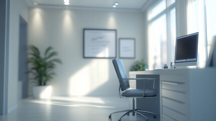 Modern minimalist home office bathed in natural light, featuring a sleek desk, ergonomic chair, and potted plant, creating a serene and productive workspace.