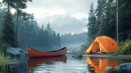 Fototapeta premium Canoe Camping - Canoe by the shore with a tent nearby, capturing the spirit of water-based camping trips.