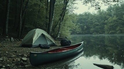 Canoe Camping - Canoe by the shore with a tent nearby, capturing the spirit of water-based camping trips.