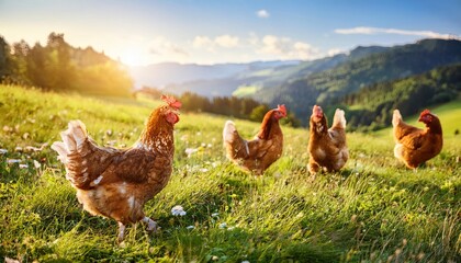 farm hens or chicken, grass field background, Fresh and Relax concept. For montage product display or design key visual layout. View of copy space