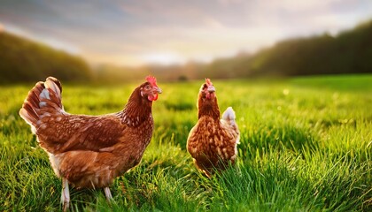Fototapeta premium farm hens or chicken, grass field background, Fresh and Relax concept. For montage product display or design key visual layout. View of copy space