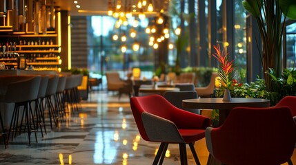 Elegant restaurant interior with warm lighting, red armchairs, and a sleek bar area. Reflective floors and lush plants create an inviting ambiance for fine dining.