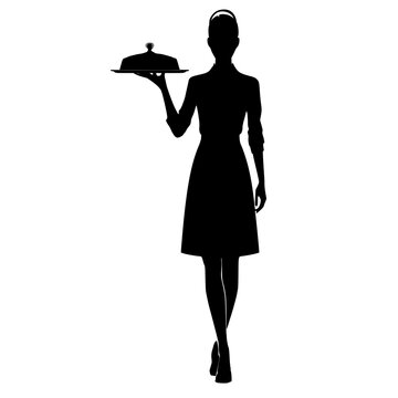 recommend clip art: Female waitress with tray and food silhouette