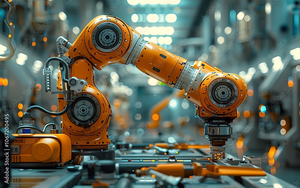 Aufkleber A robotic arm operates within an industrial setting, showcasing advanced automation and technology in a modern manufacturing environment.