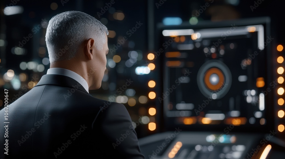 Poster executive monitoring digital interface in urban setting