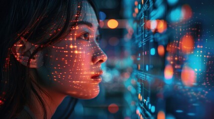 Futuristic technology concept with woman analyzing data projections at night