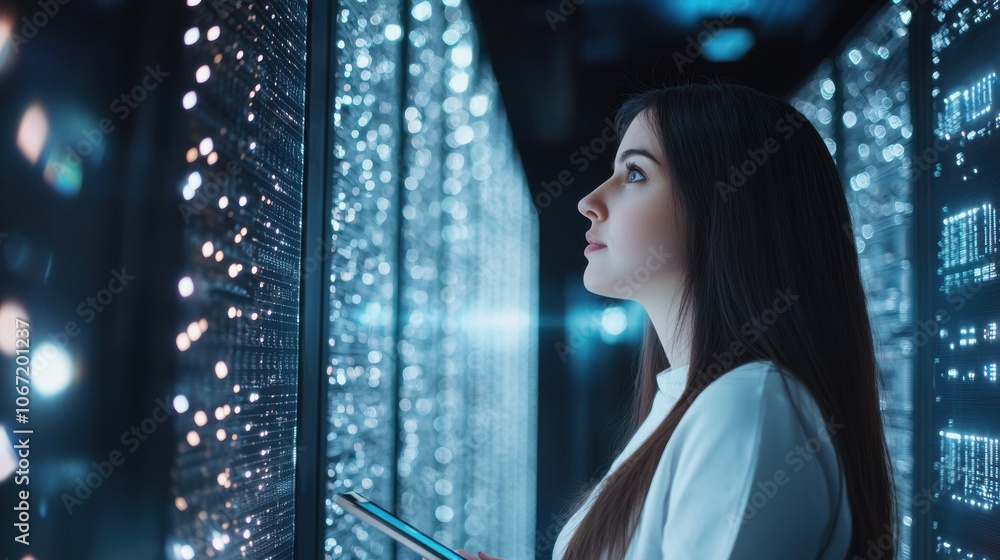 Poster female cto analyzing data in futuristic environment