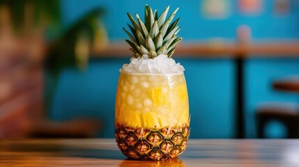 A tropical drink served inside a pineapple, topped with crushed ice