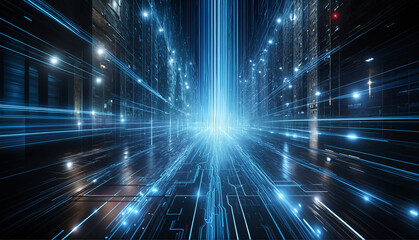 Digital Highway:  Abstract representation of the digital world, featuring a glowing blue path of data flowing through a digital landscape.