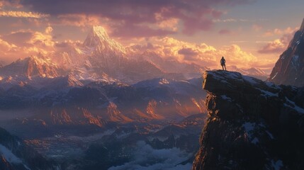 Cinematic Mountain View - Scenic view of climber against a vast mountainous backdrop, warm cinematic lighting.