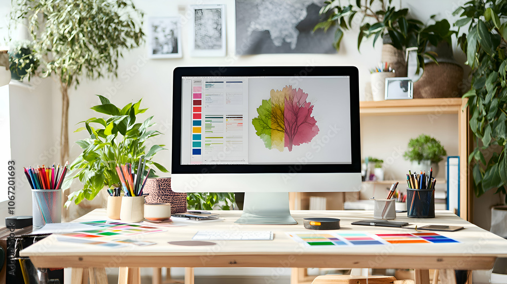 Aufkleber a desktop computer showing a design project on the screen with various art supplies and houseplants 
