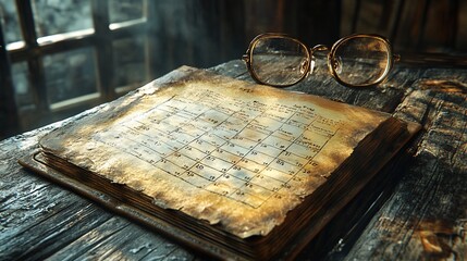 An old, worn leather-bound book with a calendar on its pages lies open on a wooden table with a pair of glasses resting on the book.