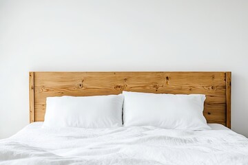 A bed with white linen sheets and two pillows, white background, minimalist, modern design, pure wood texture