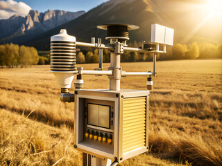 A weather station is on a field with a mountain in the background