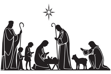 Christmas nativity scene with baby Jesus, Mary and Joseph in the manger. Black silhouette.Traditional christian christmas story. Vector illustration 
