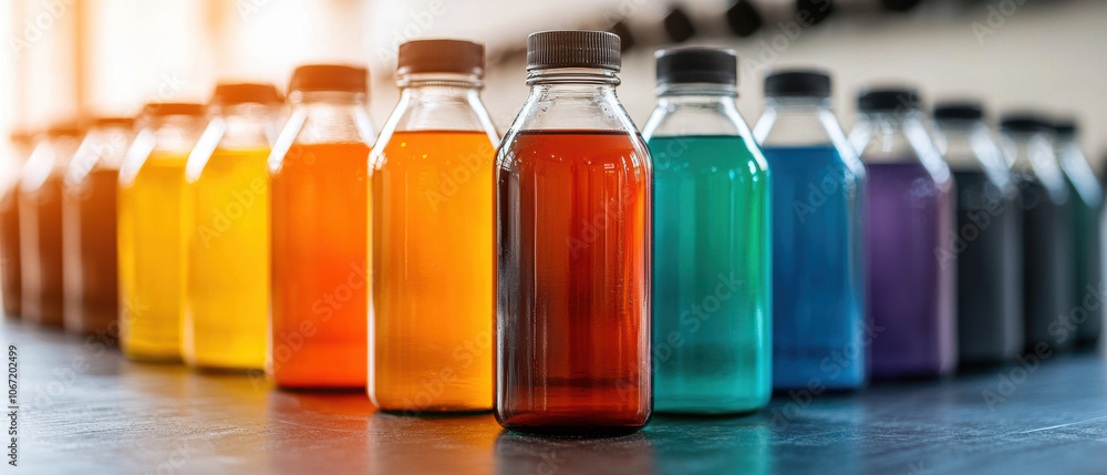 Poster a vibrant array of colorful bottles filled with liquids, lined up against a bright background, showc