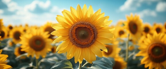 Fototapeta premium Sunflowers in a field under a blue sky