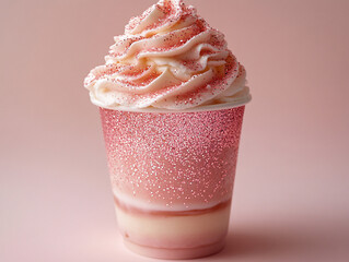  a pink frosted cupcake with white sprinkles. It's placed on a purple surface.