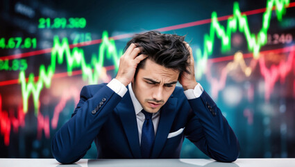 A businessman experiences stress while analyzing fluctuating stock market graphs in an office setting