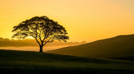 Fototapeta premium A lone tree silhouetted against a vibrant sunrise, with mist rolling through the valley.