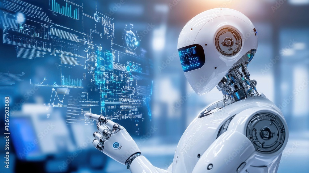 Poster futuristic robot operating holographic interface