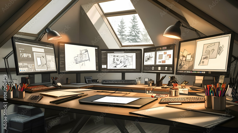 Poster a modern home office with four computer monitors, a drawing tablet, and a window with a view of tree