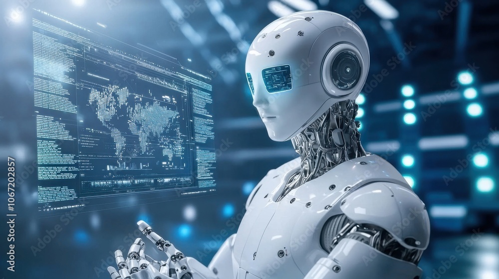 Poster futuristic ai robot with holographic interface