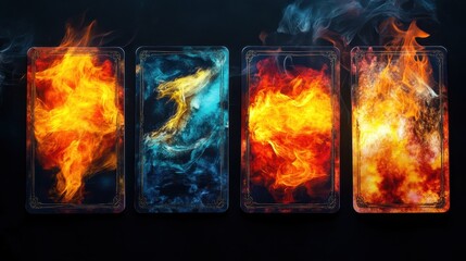 Burning Tarot cards against a pure black background.