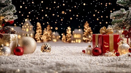 Christmas village scene with miniature snow-covered houses, festive gift boxes, and baubles surrounded by twinkling lights.