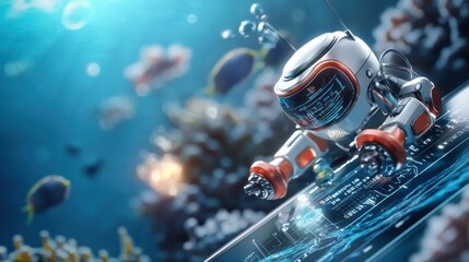 Futuristic AI Robot Managing Underwater Environment