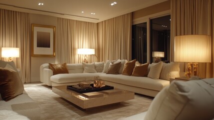 Fototapeta premium Luxurious Living Room with White Couch, Gold Accents, and Warm Lighting