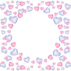 watercolor round frame with heart to Valentine day theme, hand draw illustration of wreath, pink and lilac color border on white background