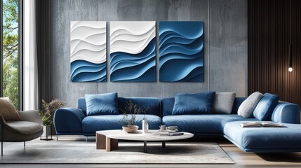Modern Interior Design with Blue and White Abstract Artwork