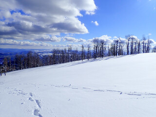 Winter and cold Algeria in North Africa, Winter snow mountain cabin panorama. Winter mountain snow...